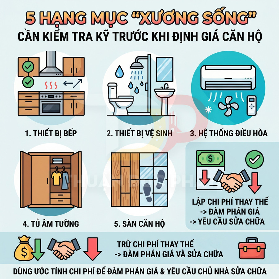 5 hạng mục cần kiểm tra khi định giá căn hộ gồm thiết bị bếp, vệ sinh, điều hòa, tủ âm tường và sàn nhà