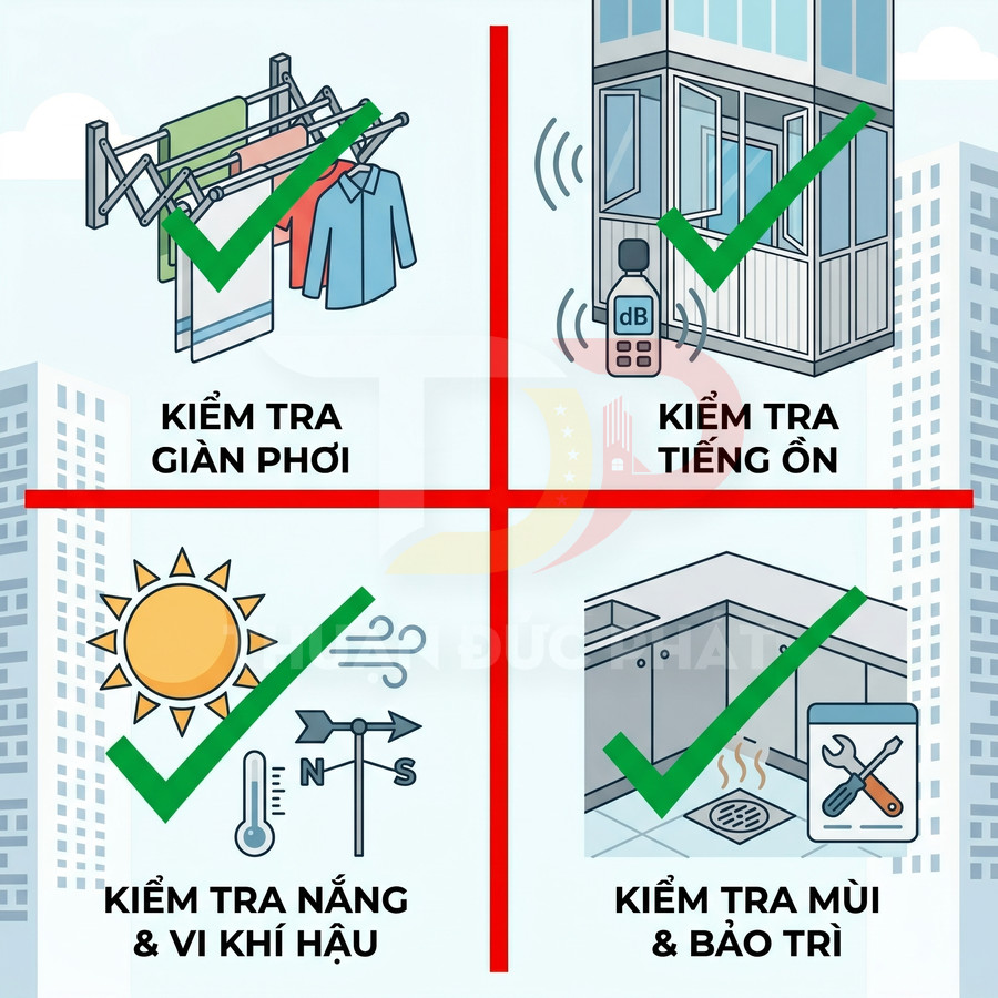 Hướng dẫn kiểm tra giàn phơi, tiếng ồn, nắng vi khí hậu, mùi và bảo trì khi chọn căn hộ ban công