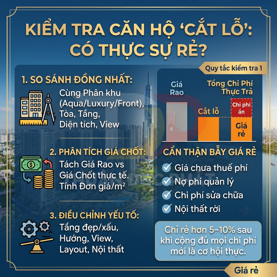 Infographic hướng dẫn kiểm tra căn hộ cắt lỗ có thực sự rẻ với các bước so sánh, phân tích giá và cảnh báo bẫy chi phí