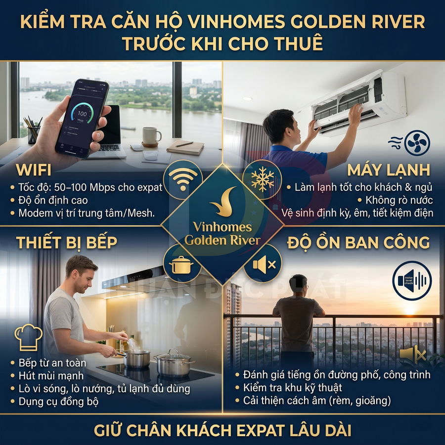 Hướng dẫn kiểm tra căn hộ Vinhomes Golden River cho thuê với wifi, máy lạnh, bếp và độ ồn ban công