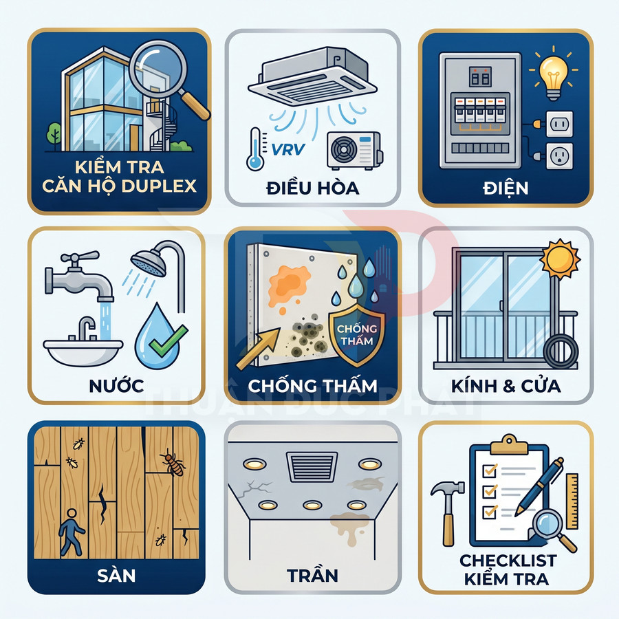 Minh họa các hạng mục kiểm tra căn hộ duplex gồm điều hòa, điện, nước, chống thấm, kính cửa, sàn, trần và checklist