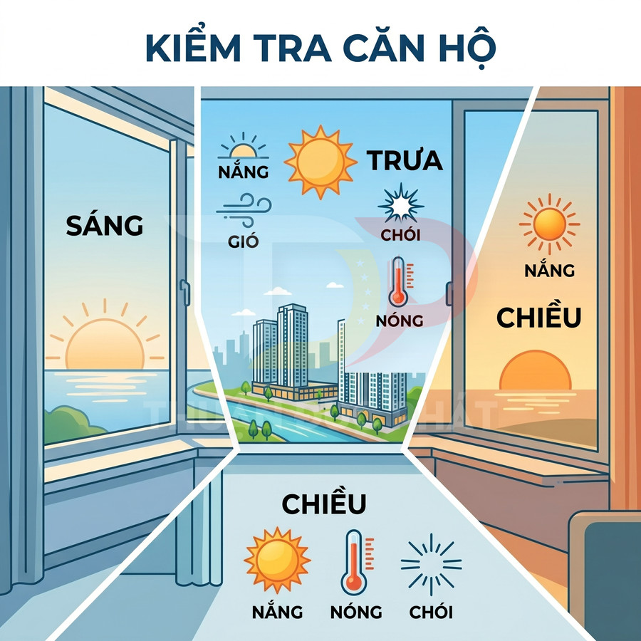 Minh họa kiểm tra căn hộ theo hướng nắng sáng trưa chiều với cửa sổ nhìn ra thành phố và sông