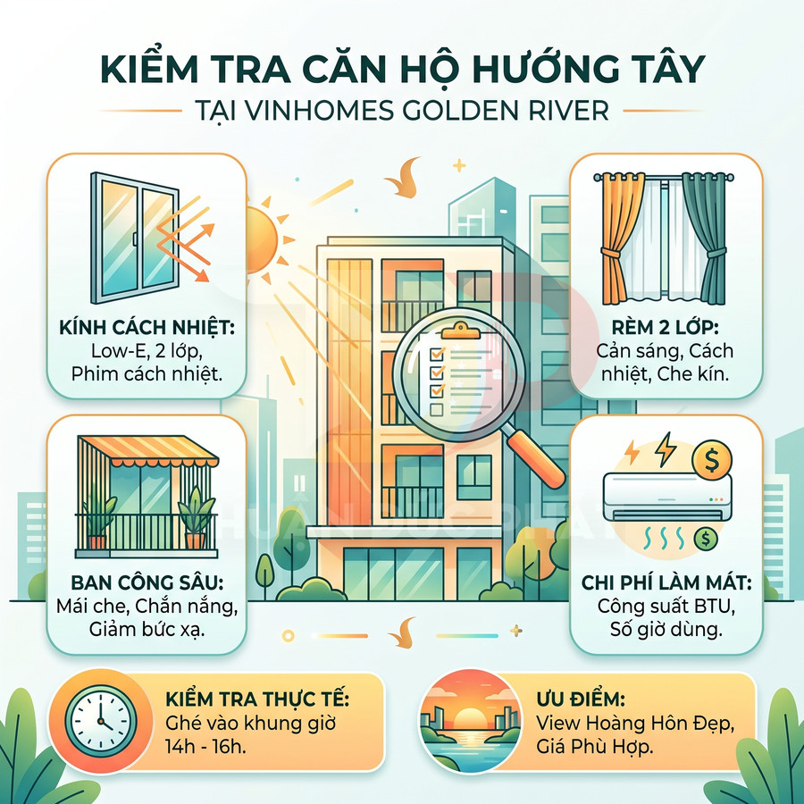 Hướng dẫn kiểm tra căn hộ hướng tây tại Vinhomes Golden River với kính cách nhiệt, rèm 2 lớp, ban công sâu và điều hòa
