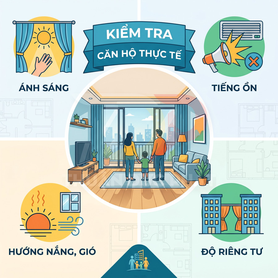 Gia đình kiểm tra căn hộ thực tế với ánh sáng, hướng nắng gió, tiếng ồn và độ riêng tư trước khi mua