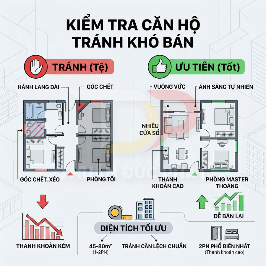 Hướng dẫn kiểm tra căn hộ dễ bán với so sánh mặt bằng nên tránh và nên ưu tiên, gợi ý diện tích tối ưu 45 80m2