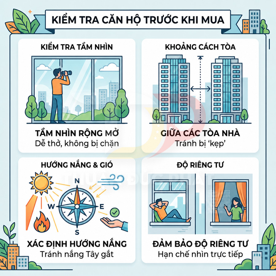 Infographic hướng dẫn kiểm tra căn hộ trước khi mua về tầm nhìn, khoảng cách tòa, hướng nắng gió và độ riêng tư