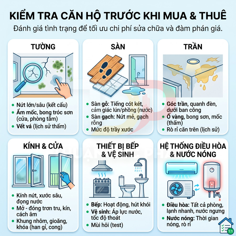 Checklist kiểm tra tường, sàn, trần, kính cửa, thiết bị bếp vệ sinh, điều hòa và nước nóng trước khi mua thuê căn hộ