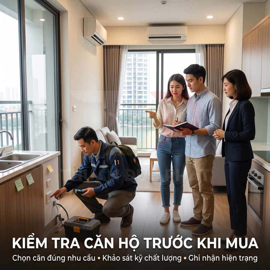 Nhân viên kỹ thuật kiểm tra ổ điện trong căn hộ cùng khách hàng trước khi mua nhà
