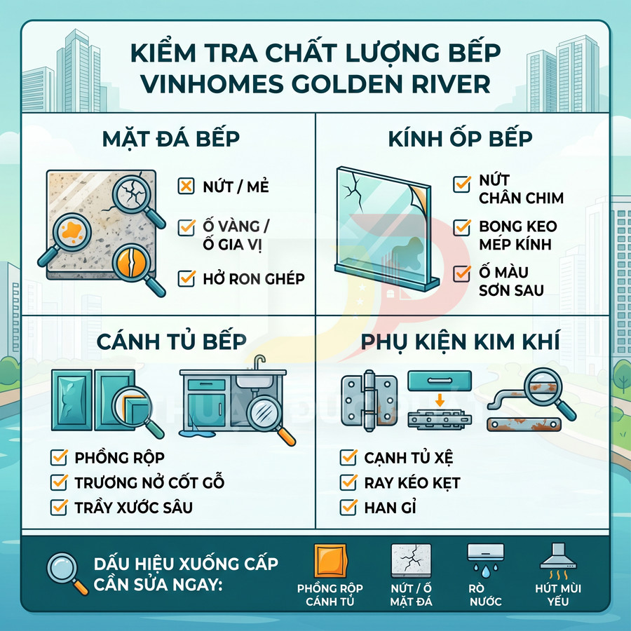 Hướng dẫn kiểm tra chất lượng bếp Vinhomes Golden River gồm mặt đá, kính ốp, cánh tủ và phụ kiện kim khí