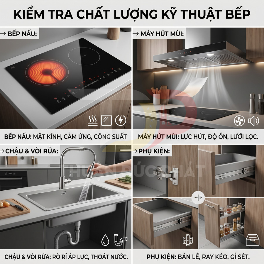 Bộ thiết bị bếp hiện đại gồm bếp điện âm, máy hút mùi, chậu vòi rửa inox và phụ kiện tủ ray trượt