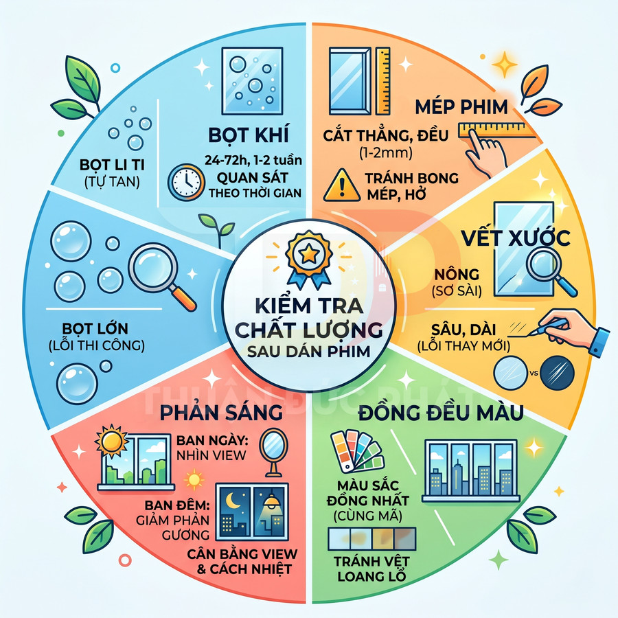 Infographic kiểm tra chất lượng sau dán phim cách nhiệt, hướng dẫn nhận biết bọt khí, vết xước, mép phim và độ đồng đều màu