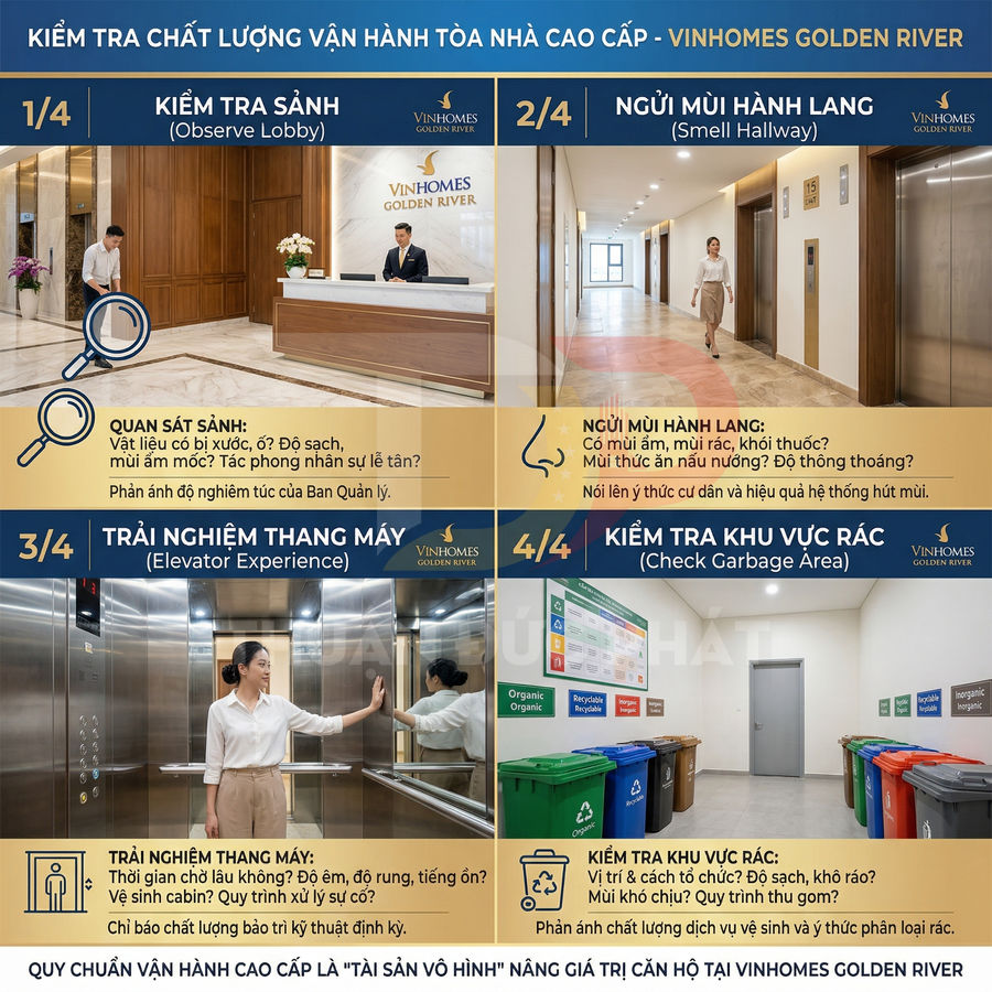 Hướng dẫn kiểm tra chất lượng vận hành tòa nhà cao cấp tại Vinhomes Golden River với sảnh, thang máy và khu vực rác