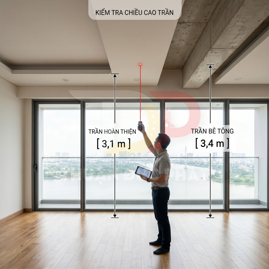 Kỹ sư dùng máy đo laser kiểm tra chiều cao trần căn hộ mới với sàn gỗ và cửa kính lớn nhìn ra sông