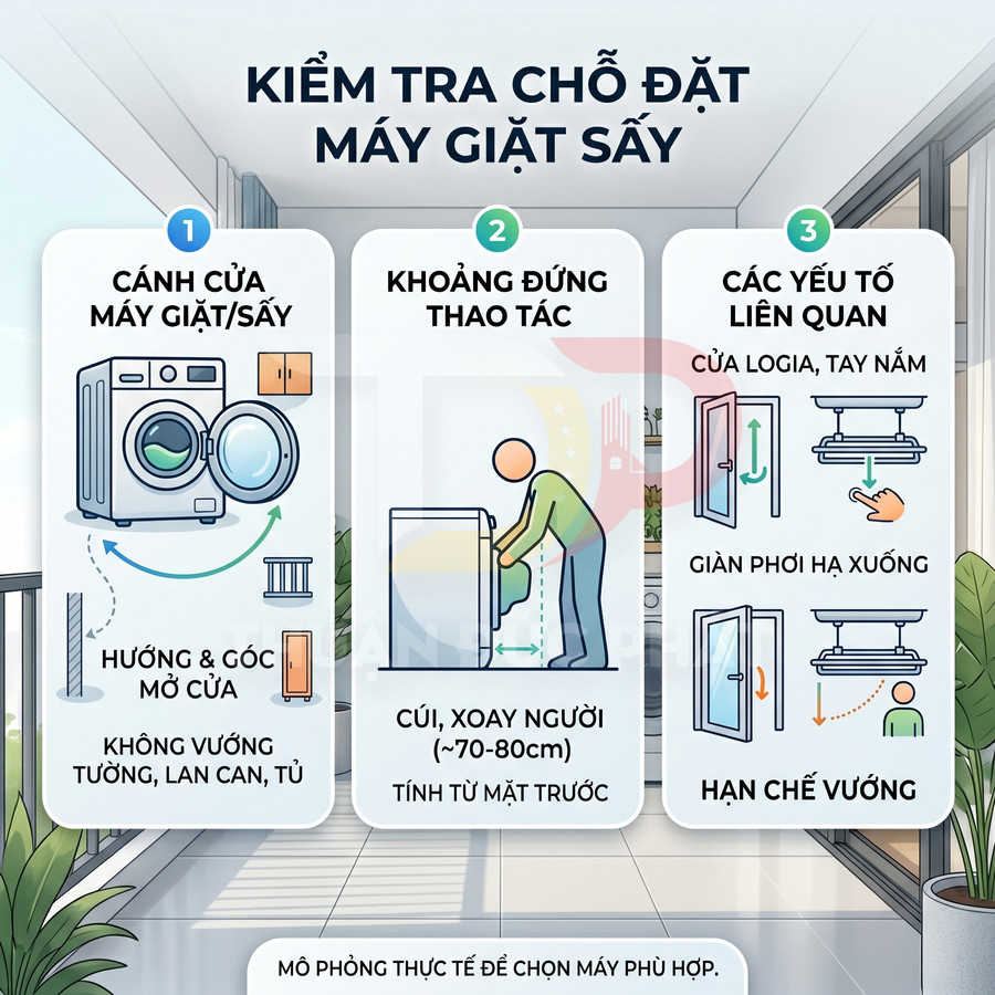Hướng dẫn kiểm tra vị trí lắp đặt máy giặt sấy với khoảng cách mở cửa và không gian thao tác an toàn