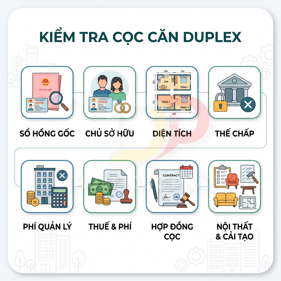 Các hạng mục cần kiểm tra khi đặt cọc căn hộ duplex gồm sổ hồng, diện tích, thế chấp, phí và nội thất