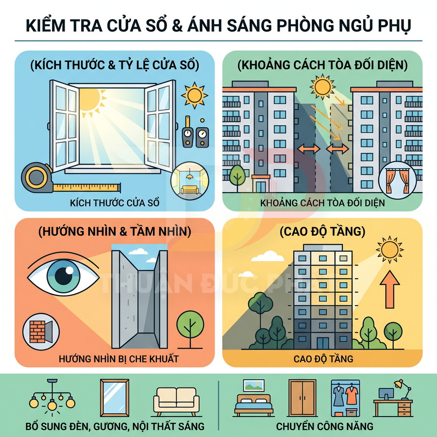 Minh họa kiểm tra cửa sổ và ánh sáng phòng ngủ phụ với các yếu tố kích thước, khoảng cách, tầm nhìn và cao độ tầng