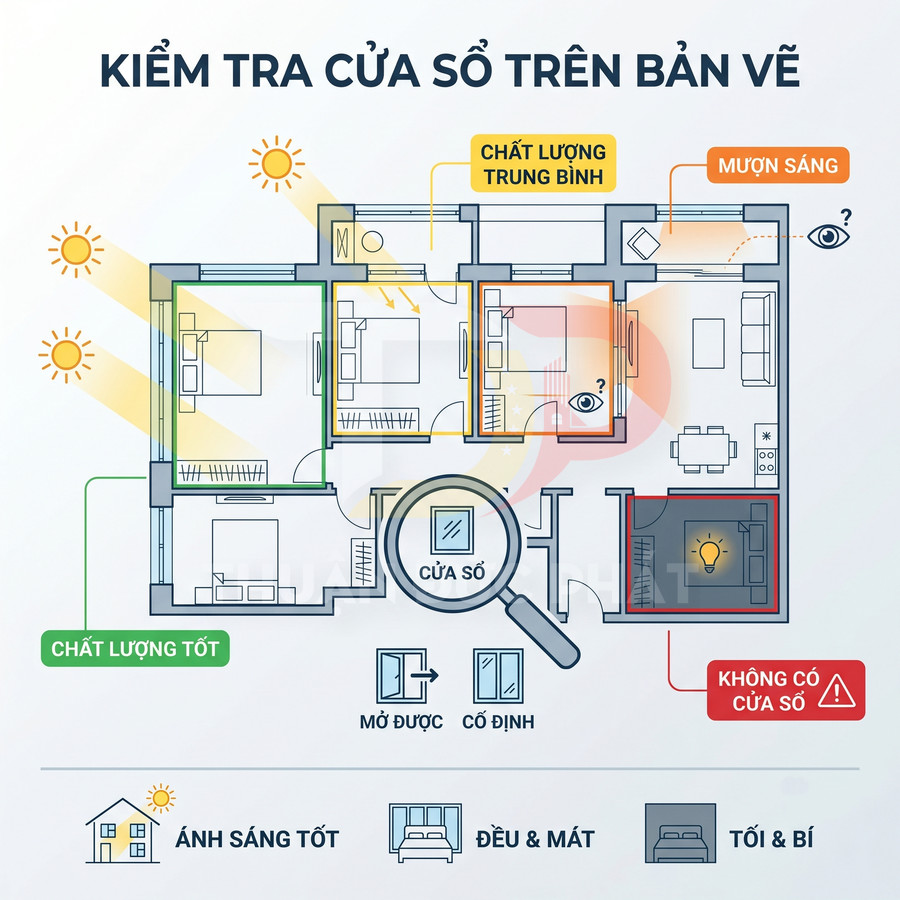 Sơ đồ căn hộ minh họa kiểm tra vị trí cửa sổ, chất lượng ánh sáng và phòng không có cửa sổ