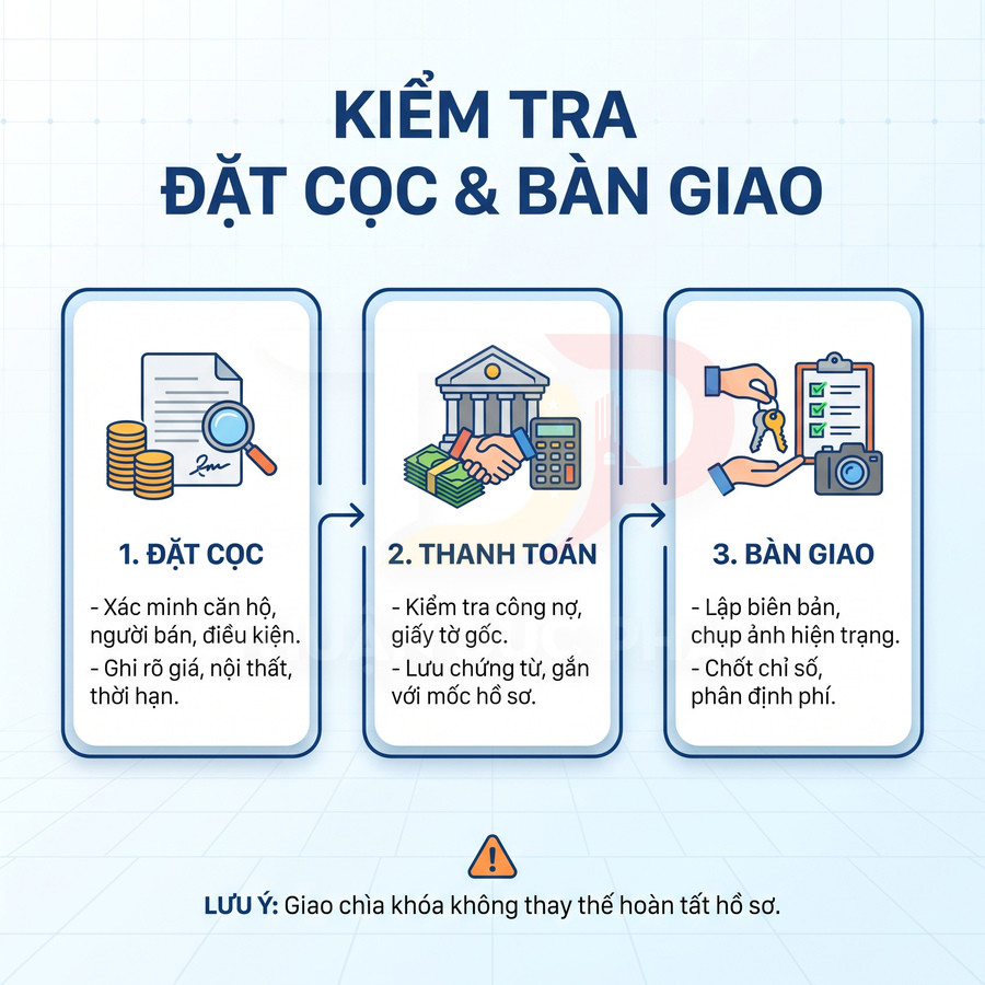 Các bước đặt cọc, thanh toán và bàn giao căn hộ, kèm lưu ý kiểm tra hồ sơ và hiện trạng nhà.