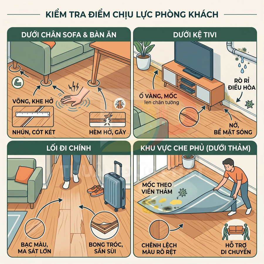 Minh họa kiểm tra sàn gỗ phòng khách tại các vị trí chịu lực như dưới sofa, kệ tivi, lối đi chính và dưới thảm