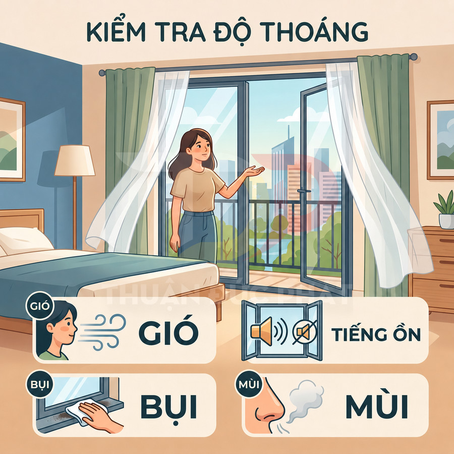 Minh họa kiểm tra độ thoáng phòng ngủ với cửa kính mở, rèm bay và các yếu tố gió, bụi, tiếng ồn, mùi