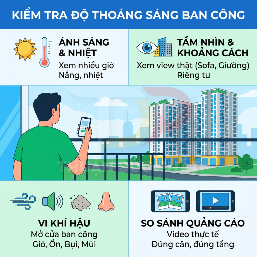 Infographic hướng dẫn kiểm tra ánh sáng, tầm nhìn, vi khí hậu và so sánh quảng cáo khi chọn ban công căn hộ