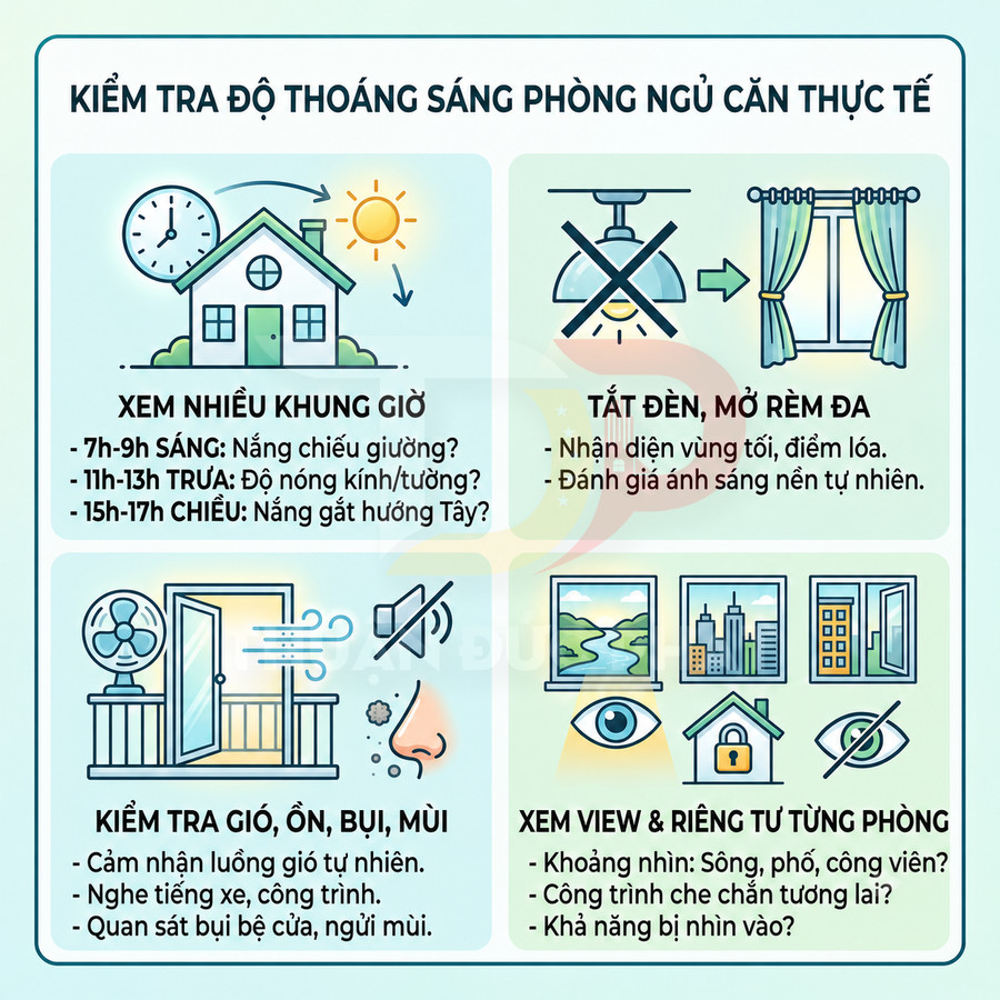 Hướng dẫn kiểm tra độ thoáng sáng phòng ngủ với hình minh họa nhà cửa, cửa sổ, rèm, quạt và tầm nhìn bên ngoài