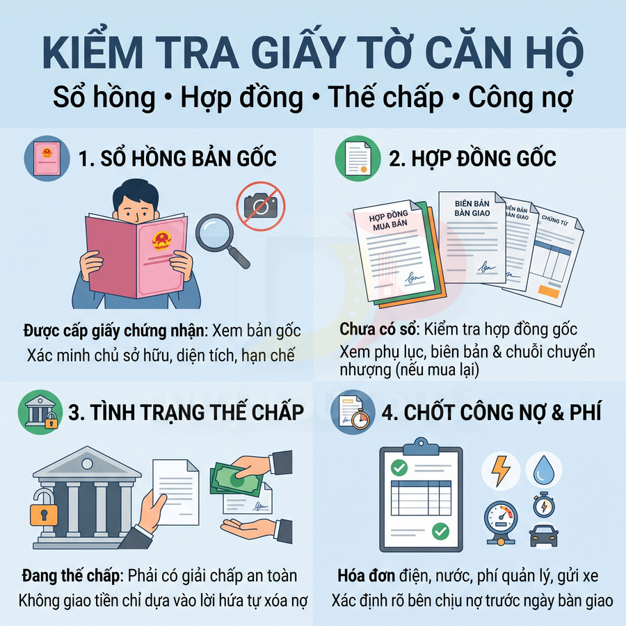 Các giấy tờ cần kiểm tra khi mua căn hộ gồm sổ hồng, hợp đồng, tình trạng thế chấp, công nợ và phí bàn giao