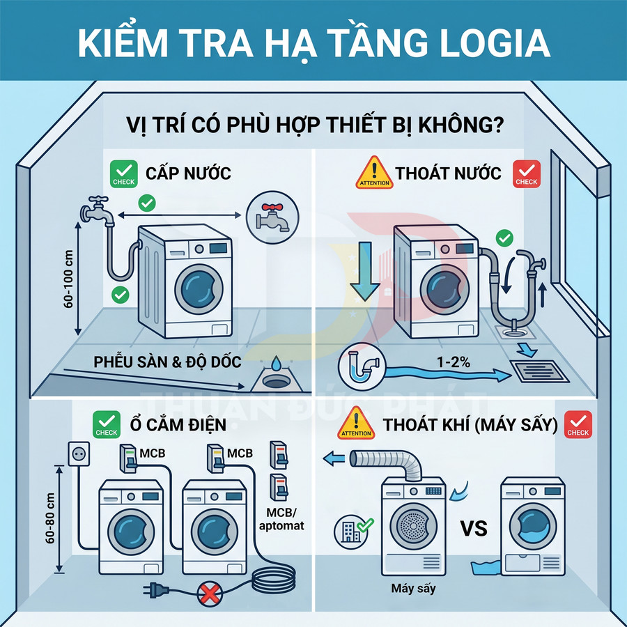 Hướng dẫn lắp đặt máy giặt và máy sấy trong logia với vị trí cấp nước, thoát nước, ổ cắm điện và thoát khí