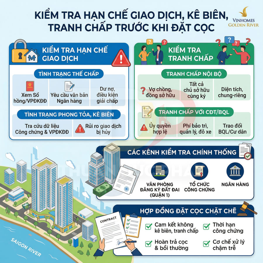 Infographic Vinhomes Golden River hướng dẫn kiểm tra hạn chế giao dịch và tranh chấp bất động sản trước khi đặt cọc