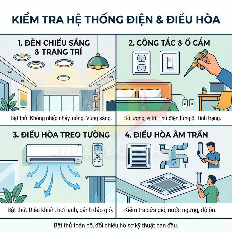 Hướng dẫn kiểm tra hệ thống điện và điều hòa trong nhà với đèn chiếu sáng, ổ cắm, điều hòa treo tường và âm trần