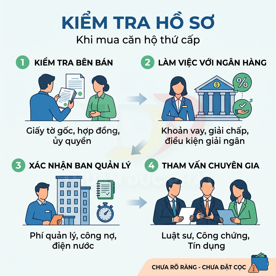 Hướng dẫn kiểm tra hồ sơ khi mua căn hộ thứ cấp: giấy tờ bên bán, khoản vay, phí quản lý và tư vấn chuyên gia