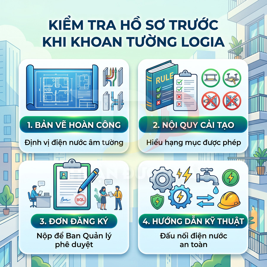 Hướng dẫn kiểm tra hồ sơ trước khi khoan tường logia với 4 bước và biểu tượng minh họa trực quan