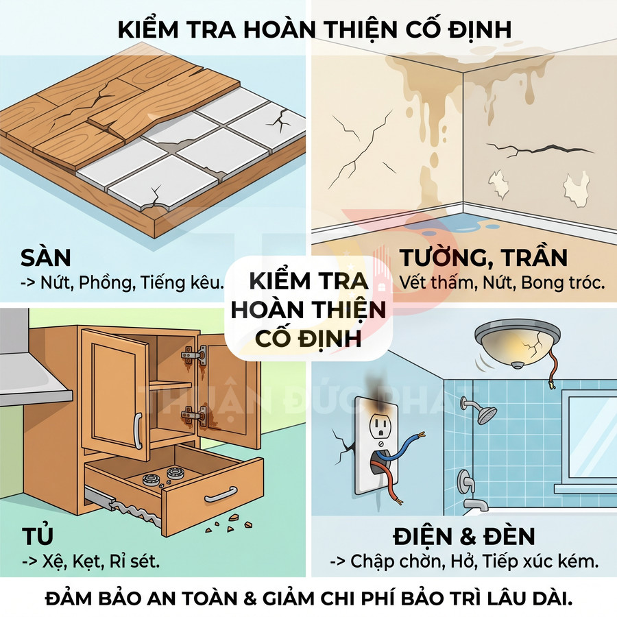 Hình minh họa kiểm tra hoàn thiện cố định nhà ở gồm sàn, tường trần, tủ bếp, hệ thống điện và đèn
