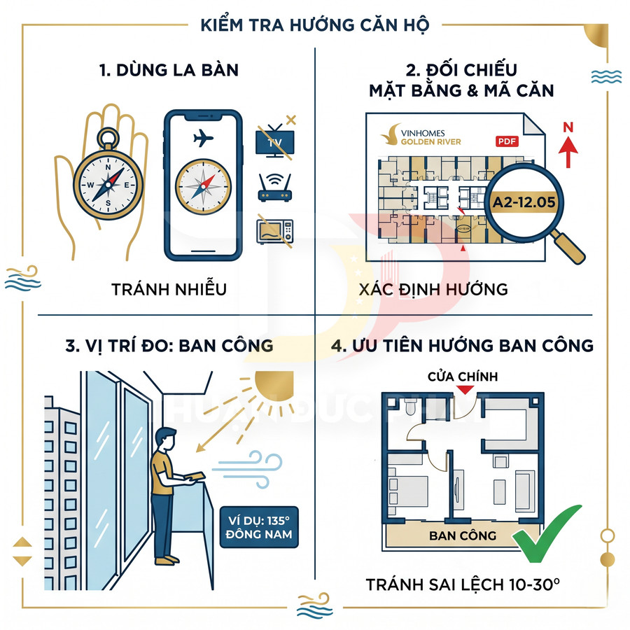 Hướng dẫn kiểm tra hướng căn hộ bằng la bàn, đối chiếu mặt bằng và ưu tiên hướng ban công đón nắng gió