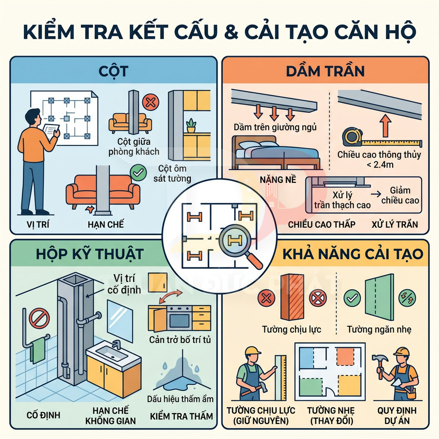 Infographic hướng dẫn kiểm tra kết cấu và khả năng cải tạo căn hộ với cột, dầm trần, hộp kỹ thuật và tường chịu lực