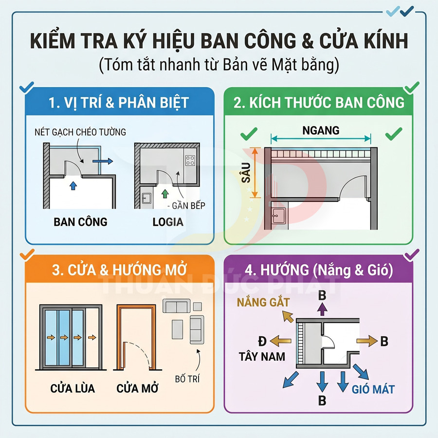 Hướng dẫn kiểm tra ký hiệu ban công và cửa kính trên bản vẽ mặt bằng căn hộ