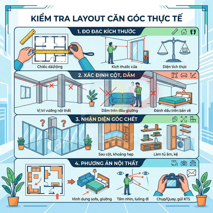 Hướng dẫn kiểm tra layout căn hộ thực tế và bố trí nội thất với cột dầm, góc chết, vị trí sofa giường