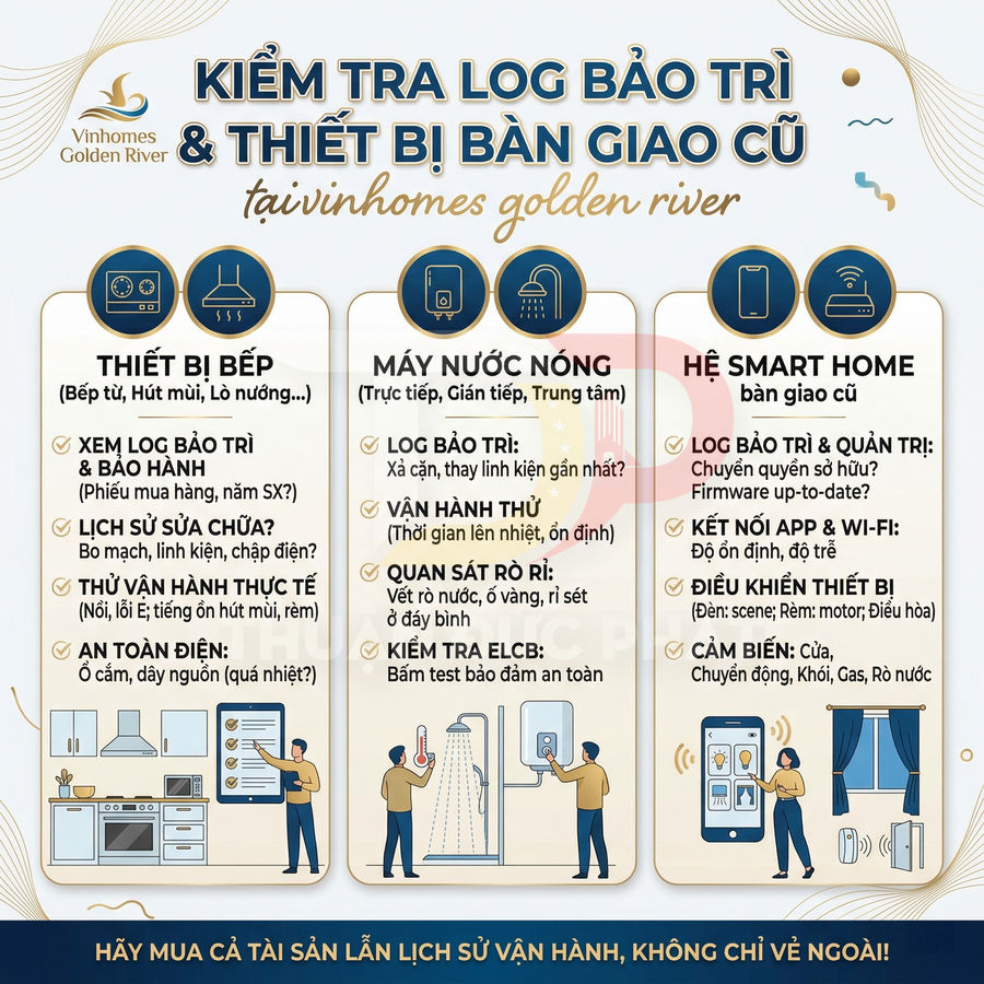 Infographic kiểm tra log bảo trì thiết bị bếp, máy nước nóng và hệ smart home tại Vinhomes Golden River