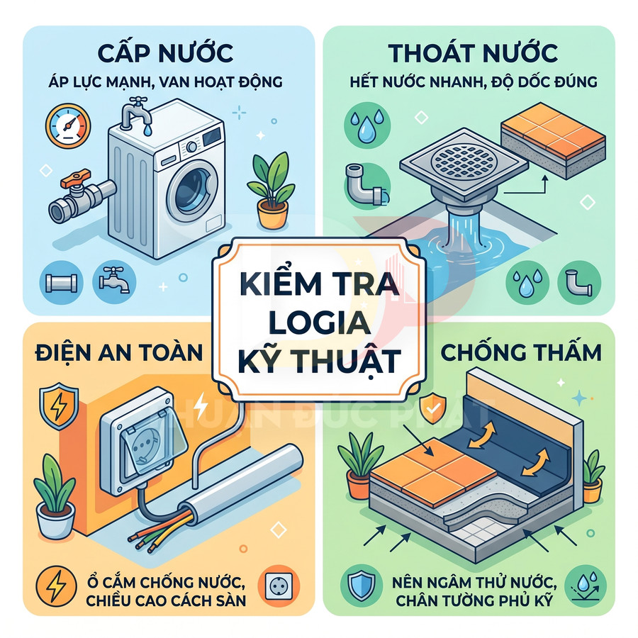 Minh họa kiểm tra logia kỹ thuật với máy giặt, hệ thống cấp thoát nước, ổ cắm điện an toàn và sàn chống thấm