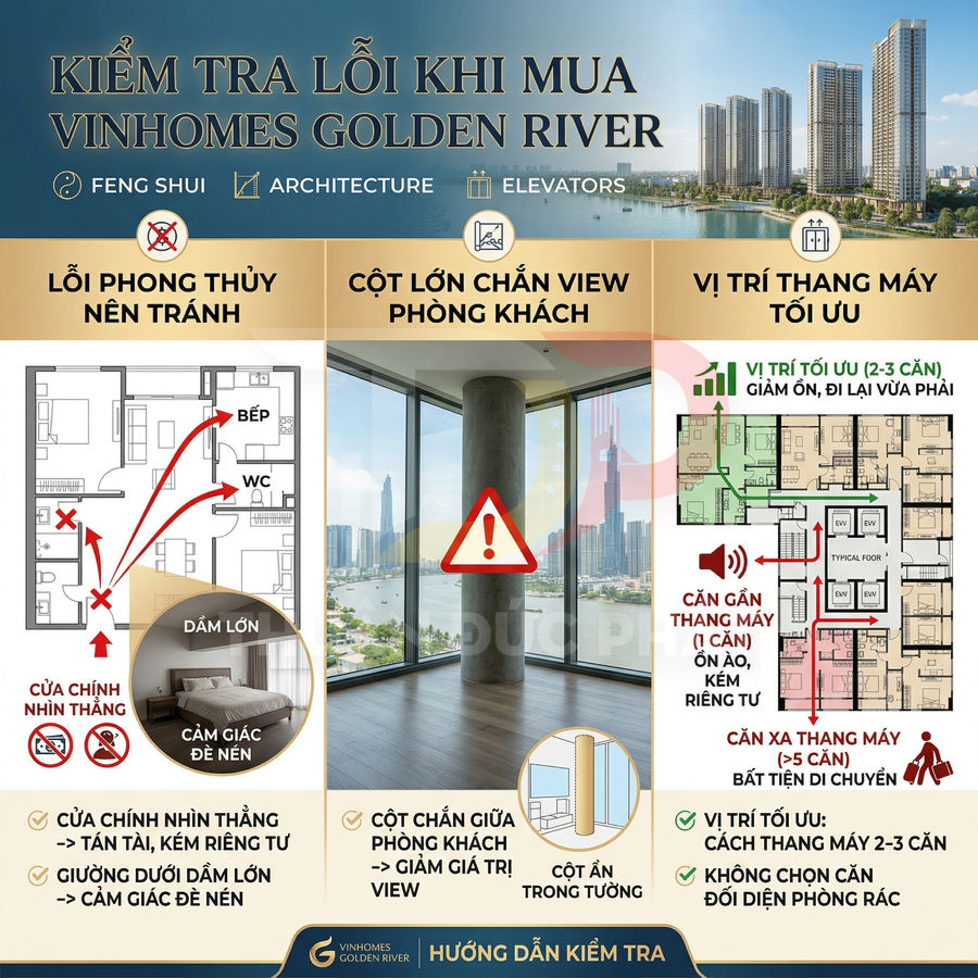 Hướng dẫn kiểm tra lỗi phong thủy, kiến trúc, vị trí thang máy khi mua căn hộ Vinhomes Golden River