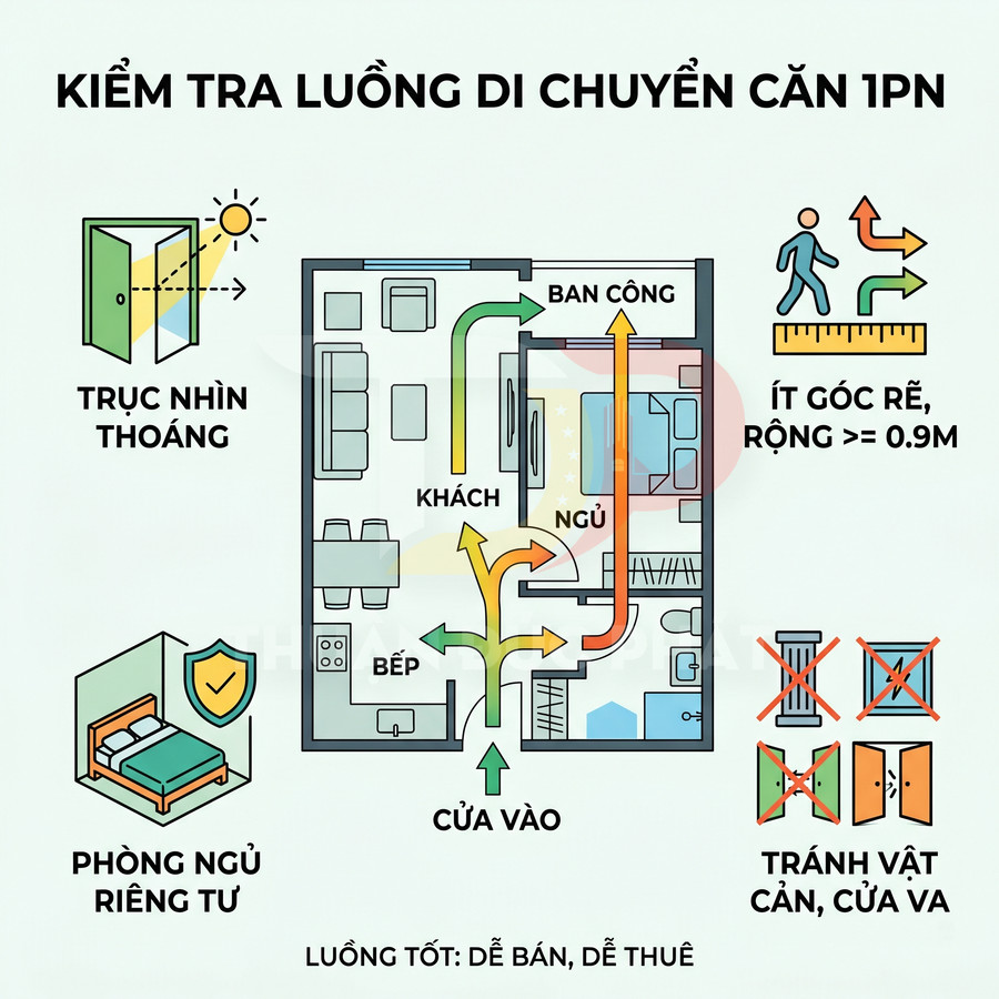 Sơ đồ luồng di chuyển tối ưu trong căn hộ 1 phòng ngủ với phòng khách, bếp, ban công và lối đi rộng an toàn