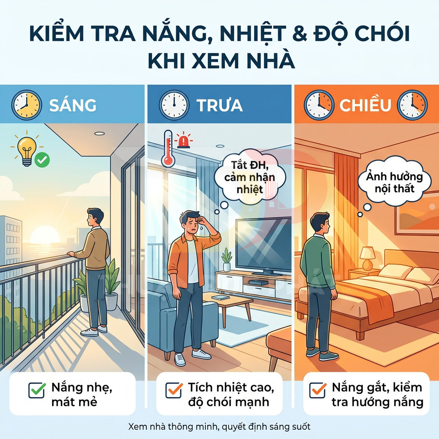 Hướng dẫn kiểm tra nắng, nhiệt và độ chói khi xem nhà vào buổi sáng, trưa và chiều