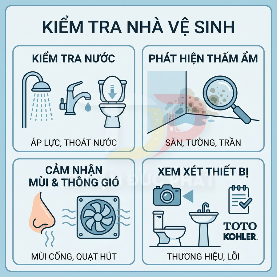 Hướng dẫn kiểm tra nhà vệ sinh: nước, thấm ẩm, mùi và thông gió, đánh giá thiết bị vệ sinh Toto Kohler