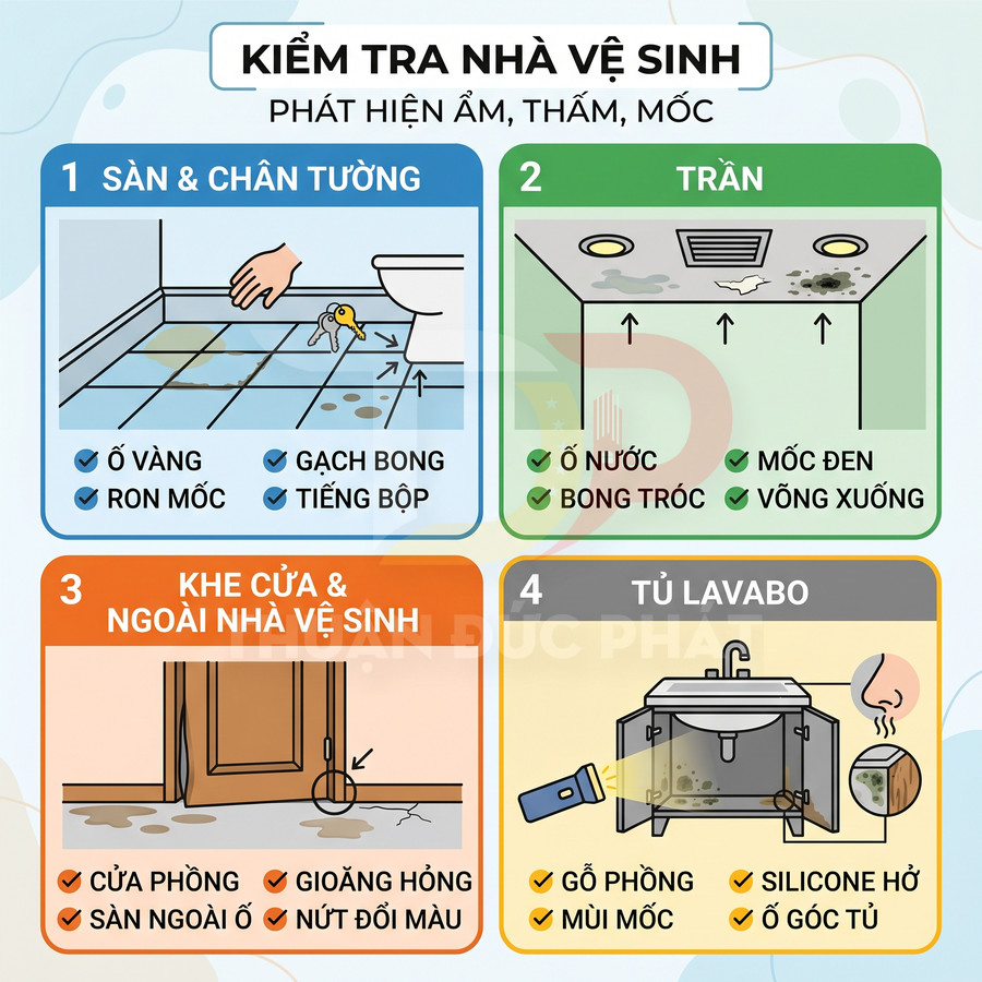 Hướng dẫn kiểm tra nhà vệ sinh phát hiện ẩm thấm mốc tại sàn trần khe cửa và tủ lavabo
