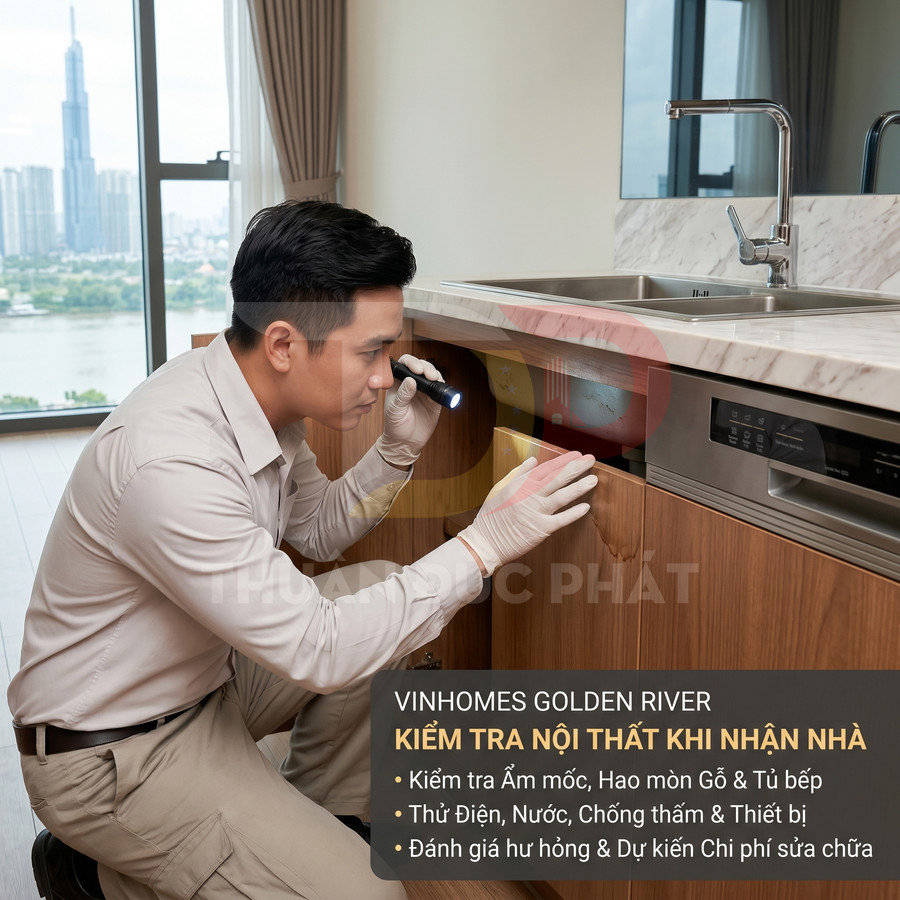 Kỹ thuật viên kiểm tra tủ bếp gỗ và khu vực chậu rửa bằng đèn pin trong căn hộ Vinhomes Golden River