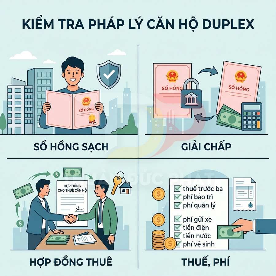 Infographic kiểm tra pháp lý căn hộ duplex với sổ hồng sạch, giải chấp, hợp đồng thuê và các loại thuế phí