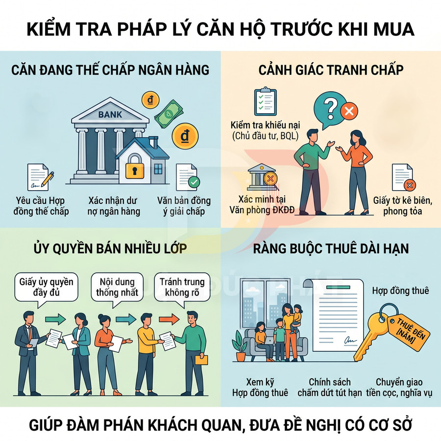 Hướng dẫn kiểm tra pháp lý căn hộ trước khi mua với các bước về thế chấp, tranh chấp, ủy quyền và hợp đồng thuê