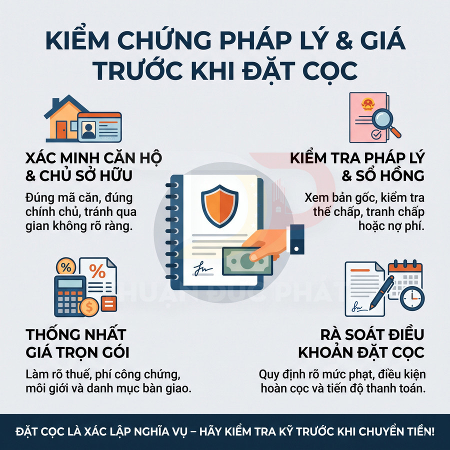 Infographic hướng dẫn kiểm tra pháp lý, giá căn hộ và điều khoản đặt cọc trước khi chuyển tiền