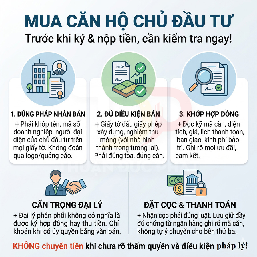 Các lưu ý kiểm tra pháp lý, hợp đồng và thanh toán khi mua căn hộ đầu tư, tránh chuyển tiền khi chưa rõ điều kiện pháp lý