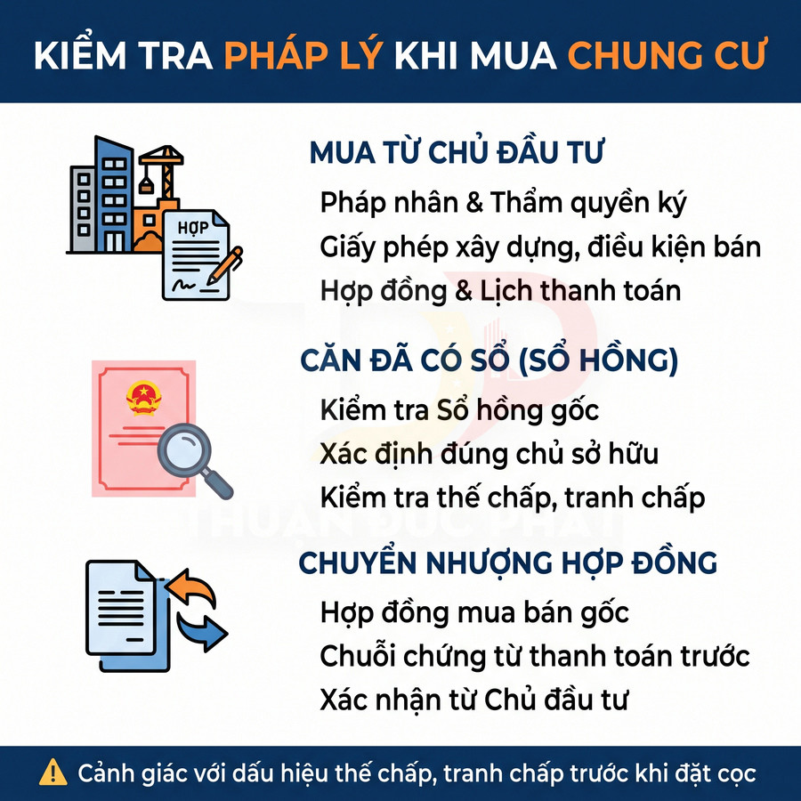 Infographic hướng dẫn kiểm tra pháp lý khi mua chung cư, gồm giấy phép, sổ hồng và hợp đồng chuyển nhượng